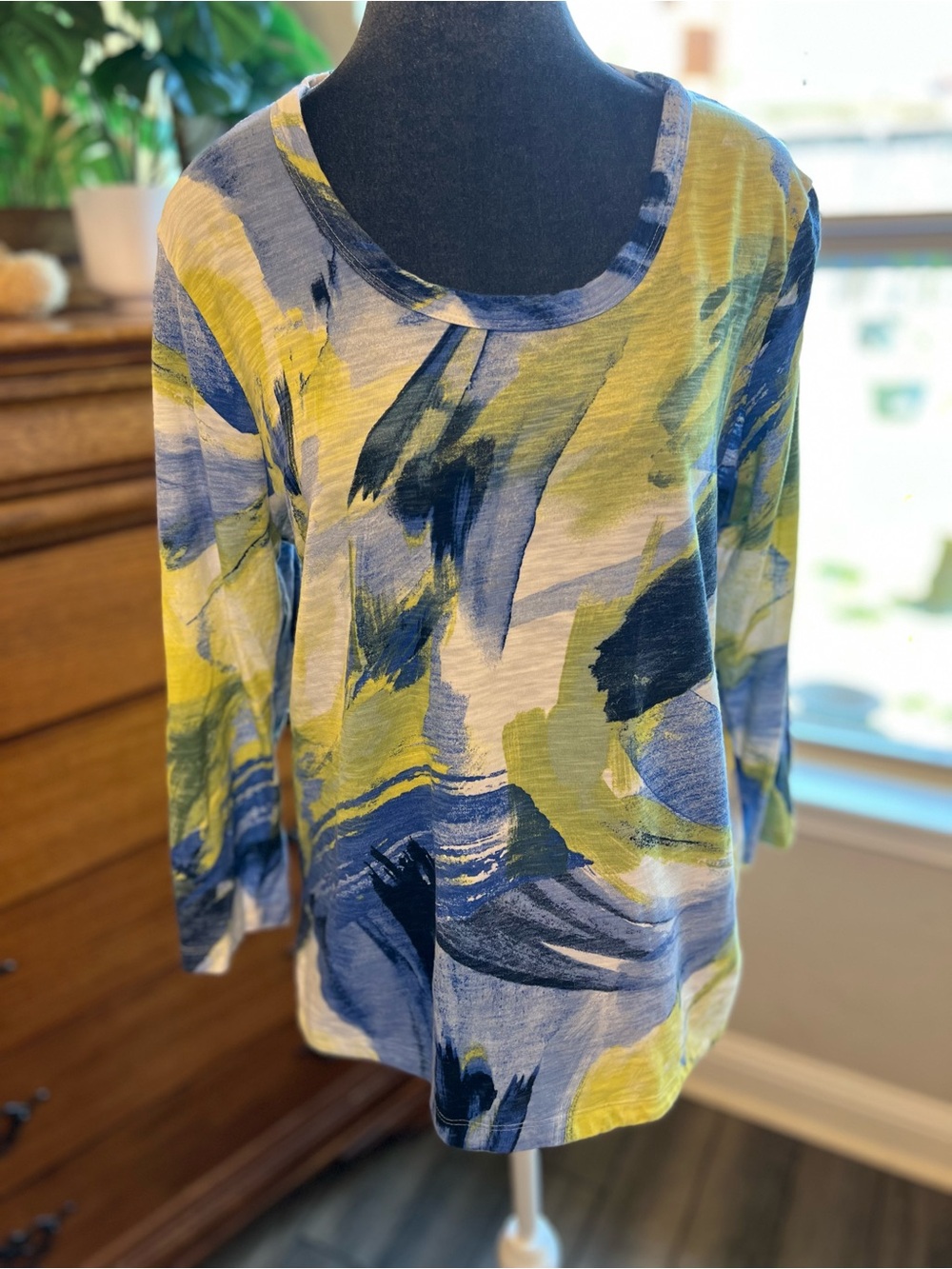 Chico's Brushstroke Print Long-Sleeve Scoop Neck Top - Blue & Green